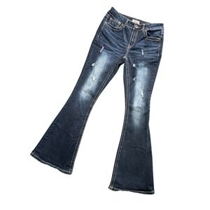 True Luck Y2K Flare Jeans Dark‎ Wash Distressed Indie Boho Festival Women 9/10